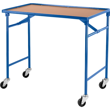 Blue serving cart with brown tabletop on four wheels.