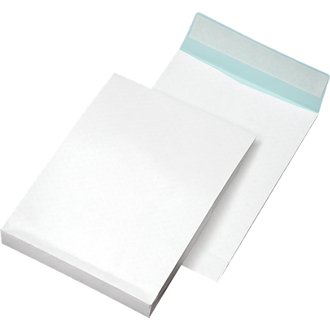 Two white envelopes, one partially open. Blue adhesive strip on the edge.