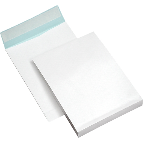 Two white envelopes with light blue adhesive tape on a white background.