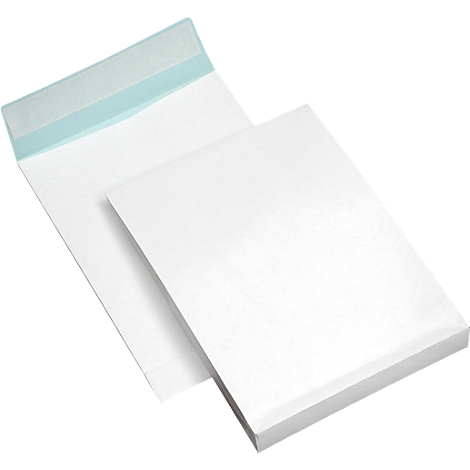 Two white envelopes, one opened, with a pale blue adhesive strip.