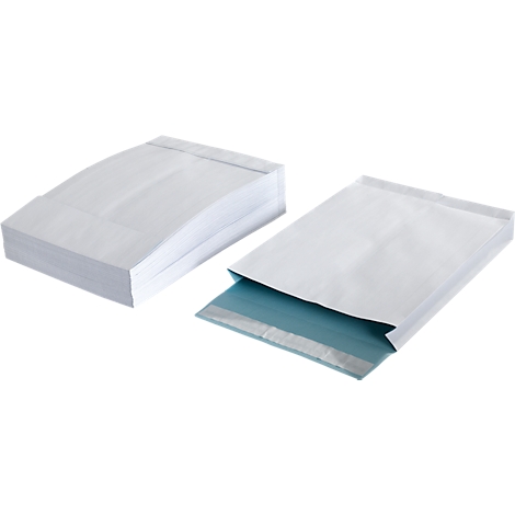 Two white envelopes, one open, one with folded paper. The inside of the open envelope is blue.