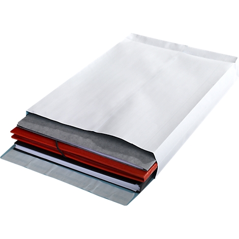 A white envelope, partially open, reveals various stacks of papers and folders in shades of gray and red. The papers are bound with a rubber band.