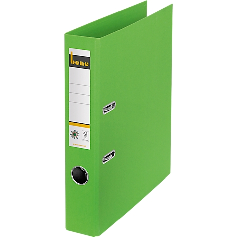 Green binder, label on the left with logo and free area for labeling, next to recesses for the mechanics.