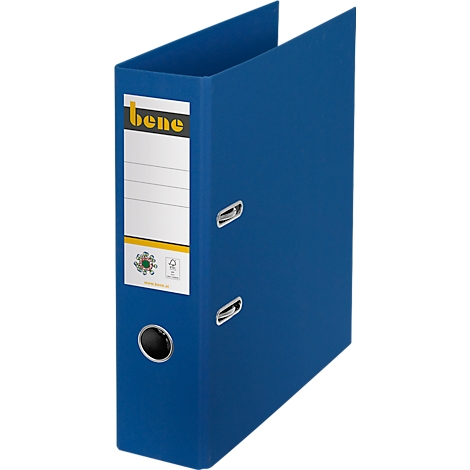 Blue binder with 'bene' logo. Sticker with lines for labeling.