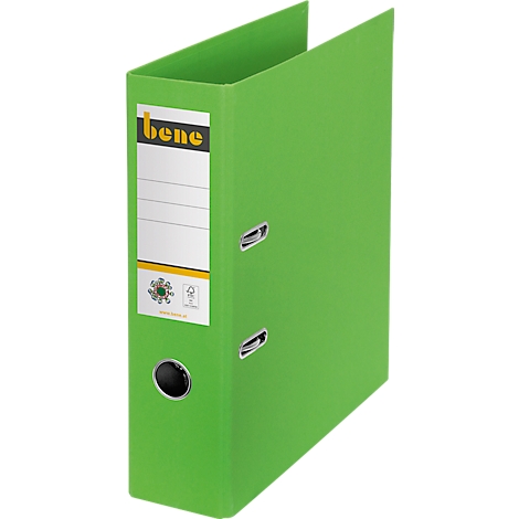 Green binder with white label, brand 'bene', two metal rings and hole punch.