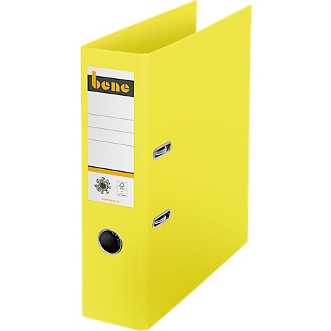 Yellow binder with 'bene' logo and white labels. Black metal rings and levers.