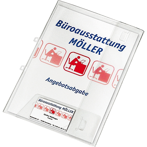 Transparent offer folder, blue and red lettering "Büroausstattung MÖLLER" and office icons.