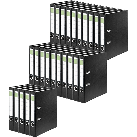 Arrangement of black file folders, with white labeling fields and green stripes, in several stacks.