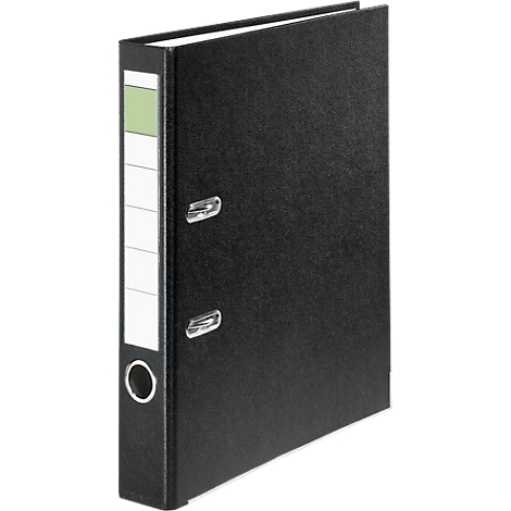 Black binder, slightly angled. There is a white labeling field on the spine.