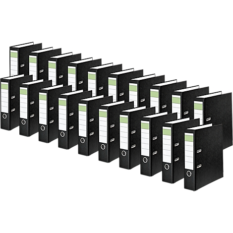 Row of black binders, with white labels and green stripes.
