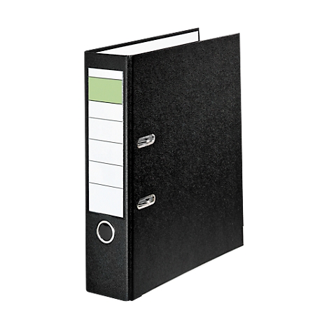 Black binder with labels, metal eyelets and metal ring.