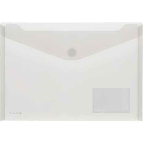 Transparent document case with button closure and address field.