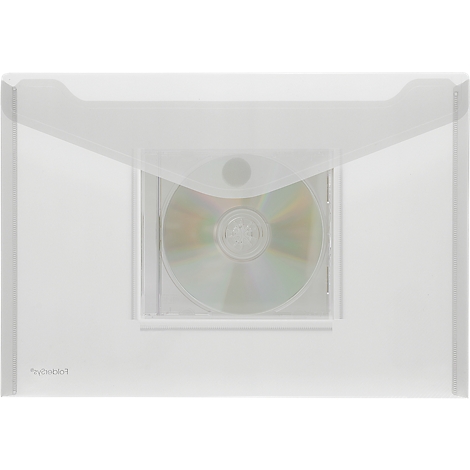 Transparent white CD sleeve with CD. Sleeve open, CD clearly visible, slight play of light.