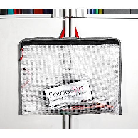 Transparante documententas met ritssluiting, met papier en een kaart met "FolderSys" logo.