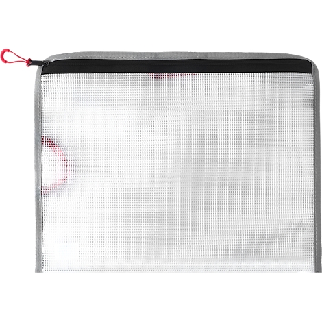 Transparante plastic documententas met ritssluiting, rood koord, zwarte ritssluiting en grijze rand.