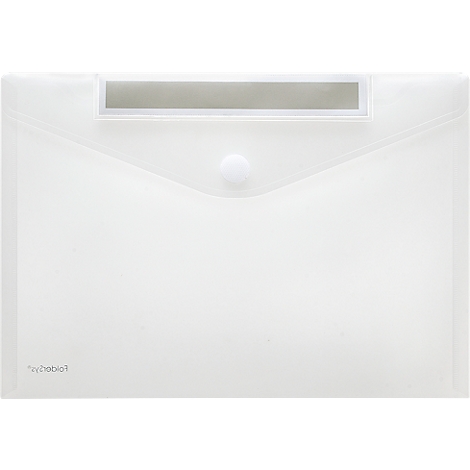 Transparente, weiße Dokumententasche mit Druckknopfverschluss und silbernem Streifen oben.