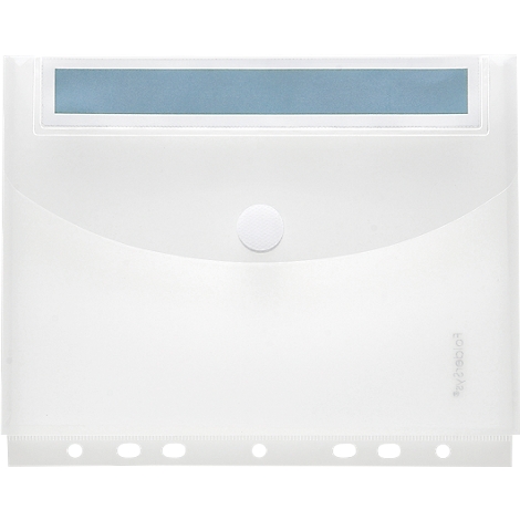 Transparente weiße Dokumententasche mit blauem Streifen oben und Druckknopfverschluss. Mehrere Löcher am unteren Rand.