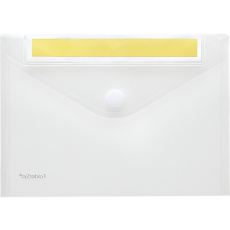 Transparente Mappe mit gelbem Beschriftungsfeld. Ein weißer Knopf verschließt sie.