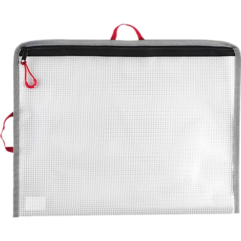 Transparente Dokumententasche mit rotem Reißverschluss, Griffen und Details.