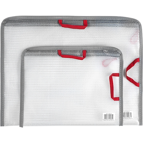 Drei durchsichtige Dokumententaschen, unterschiedlicher Größe. Grauer Rand, rote Trageschlaufen.