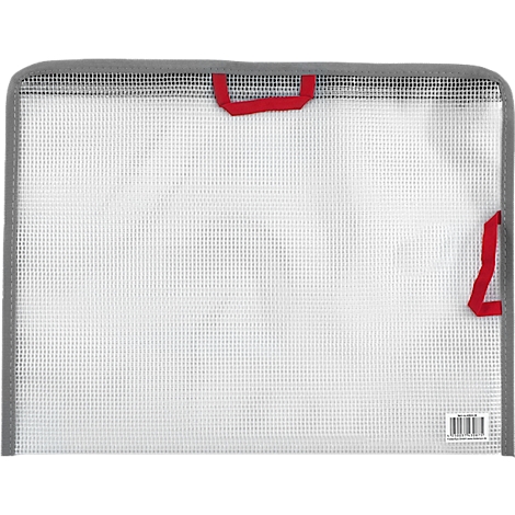 Transparente Dokumentenmappe mit grauem Rand und roten Griffen. Ein Barcode ist unten rechts sichtbar.