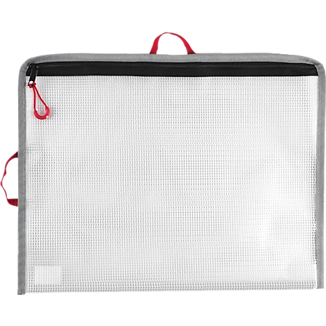 Transparente Dokumententasche mit Reißverschluss, grauen Rändern und roten Details, wie Griff und Zipper.