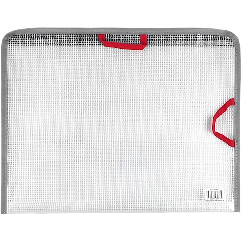 Transparente Dokumentenmappe mit grauem Rand und roten Griffen.