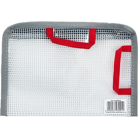 Transparente Tasche mit roter Schlaufe. Grauer Rand, wabenförmiges Muster.