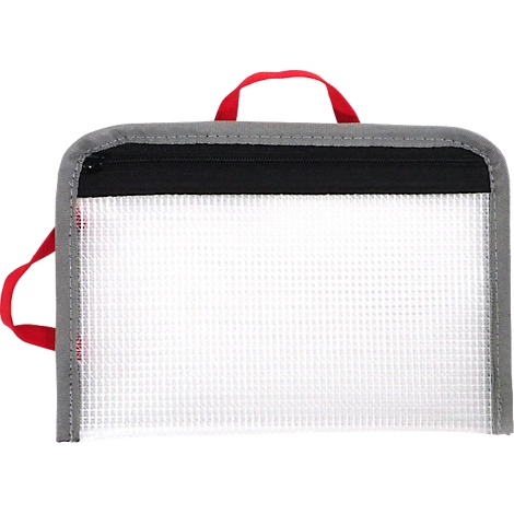 Eine transparente Aufbewahrungstasche mit rotem Griff und Reißverschluss.