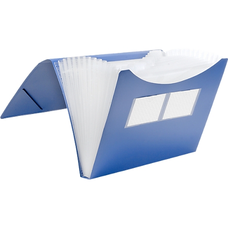 Blue expandable file folder with transparent dividers.
