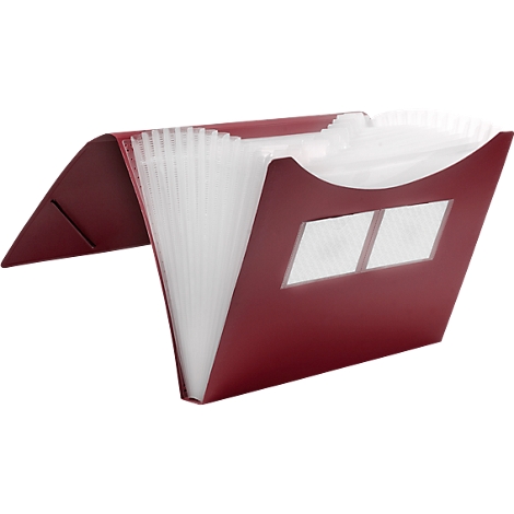 Open, burgundy document folder with transparent compartments, two viewing windows.