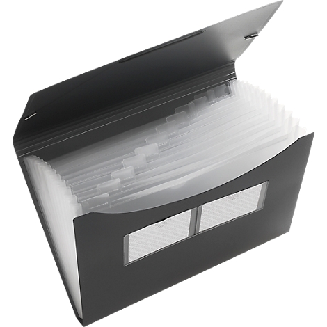 Black expanding file folder with clear dividers. A rectangular viewing window is cut out of the front of the folder.
