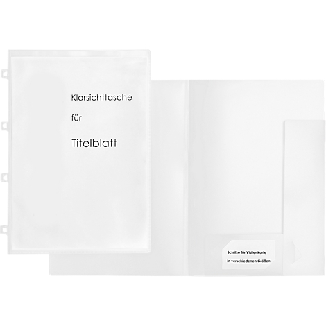 Transparent clear view file with the text "Clear file for title sheet". Opened: right side with a pocket for business cards.