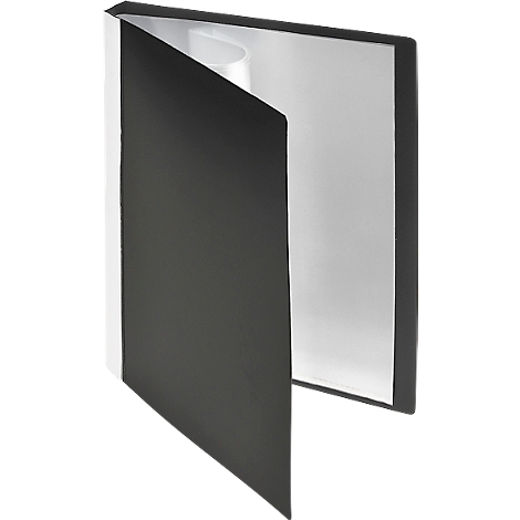 Black file folder, opened. The inside is white, the outside black. The cover is opened to give an insight into the content.