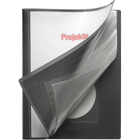 Black folder with clear sleeves that are open. The word "Projekte" is written in red on the white background.
