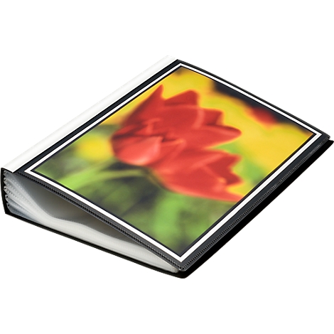 Photo album with red flower template. Black frame, white pages.