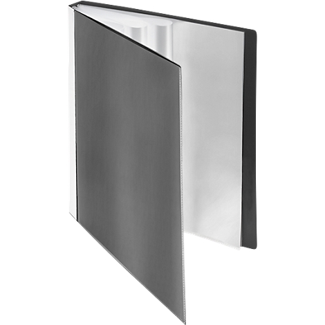 An almost square, open book. The left side is dark gray, the right side white, with black frame.