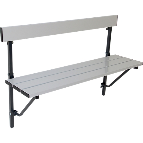 Light-colored wall bench with backrest. Seat and back are light gray, frame and brackets are black.