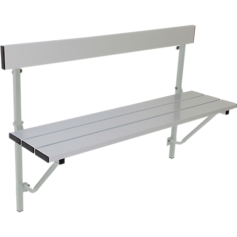 Light-colored bench with backrest, mounted on a wall. Seat made of three bars, black ends, metal support.