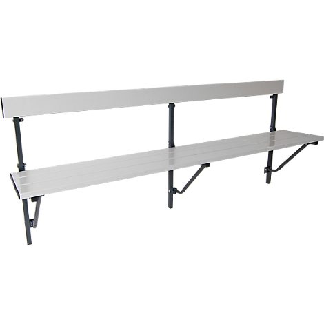 Silver bench with backrest, on a white background. The angle is slightly oblique.