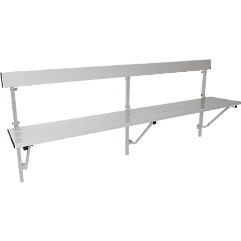 Aluminum bench with backrest. Bright surface with metallic sheen, frame with diagonal brace.