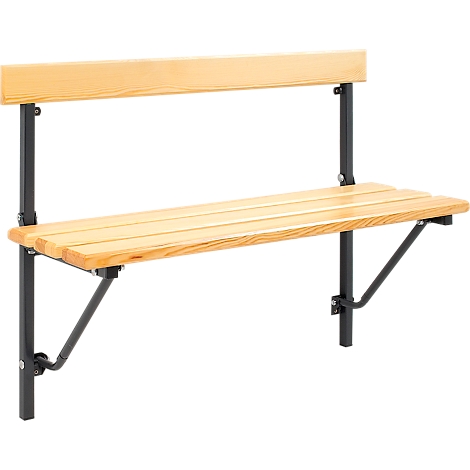 Folding wall seat with wooden slats, black frame, and backrest.