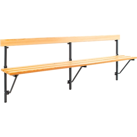 Long wooden bench with backrest, wooden slats, black metal supports, empty.