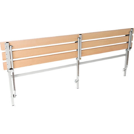 Beige wooden bench with a metallic frame. The back and seat are made of horizontal wooden slats.