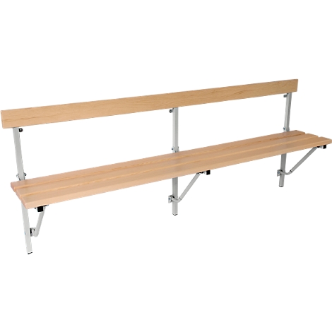 A wooden bench with a backrest and metal frame, against a white background.