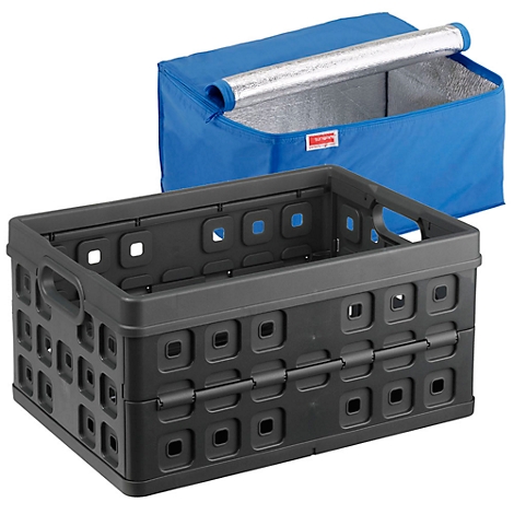Black, foldable crate with carrying handles, above it a blue cooler bag with a silver interior.
