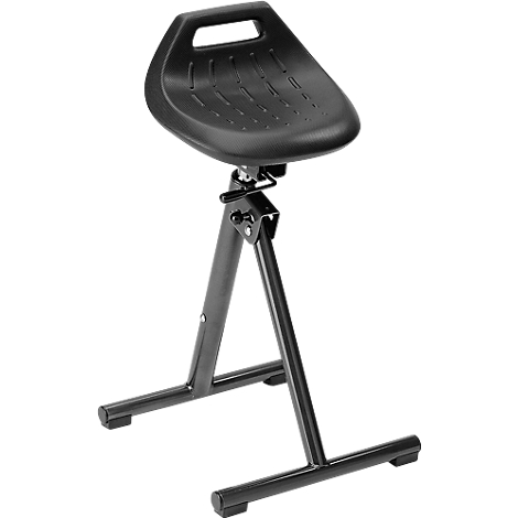 Black stool with seat with handle, metal frame.