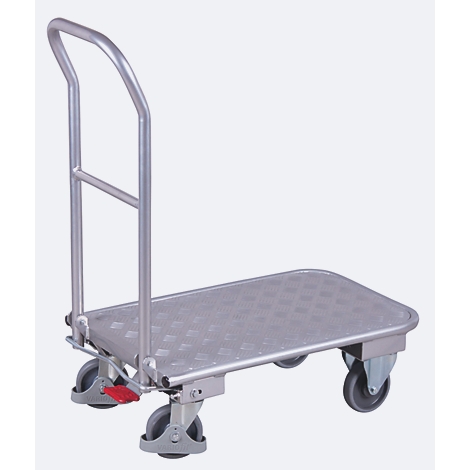 A silver transport trolley with a handle and four wheels. The loading area is provided with a diamond pattern.