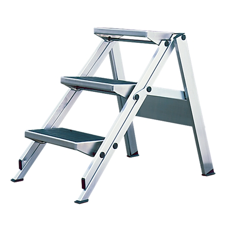 Folding metal step stool with three steps. Black treads, silver frame.