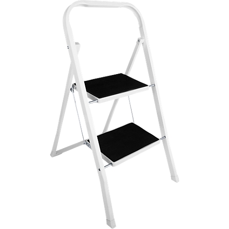 A folding step stool with two black steps and a white frame, freestanding on a white surface.